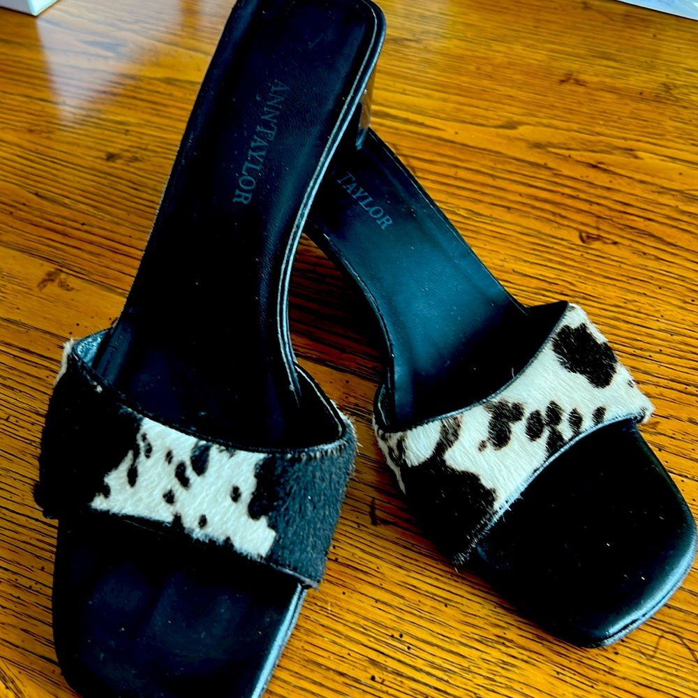 VTG Animal Fur Black&White AnnTaylor BlockHeelMule. S:7.5M.All Leather. Italy🎉